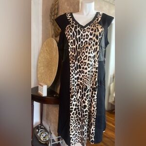 Black faux leather and knit leopard dress